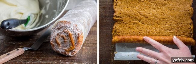 Two images: top shows the pumpkin cake rolled and wrapped in plastic wrap for cooling, bottom shows the cake unrolled and ready for frosting.