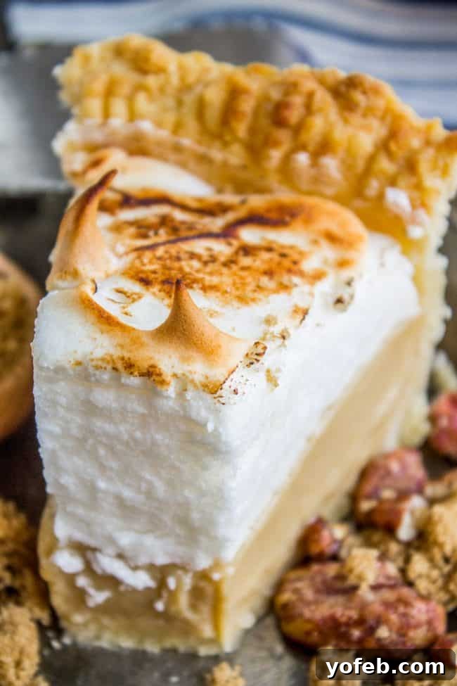 A serving of butterscotch meringue pie on a plate, garnished with candied pecans and brown sugar, ready to be savored.
