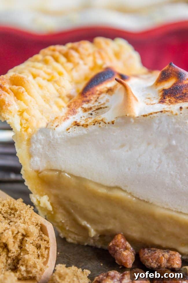 An overhead shot of a freshly baked butterscotch pie, showing its crimped crust and billowy, browned meringue topping.