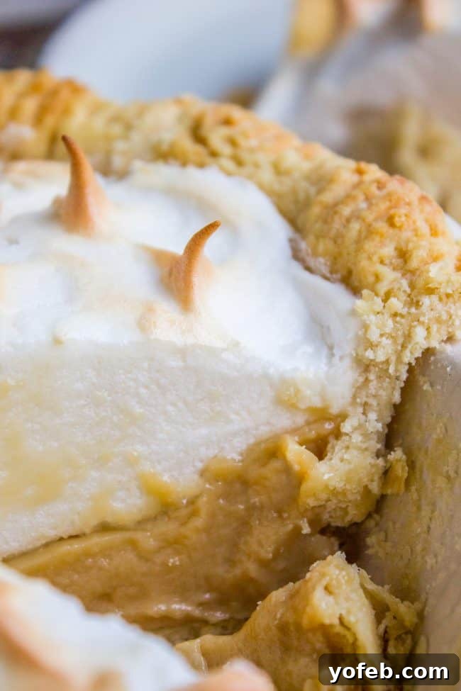 A side view of a butterscotch pudding pie, highlighting the golden crust, rich filling, and fluffy meringue.