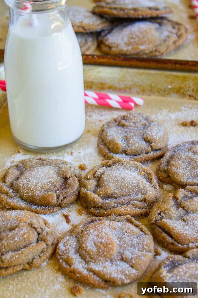 Perfectly Soft and Chewy Molasses Cookies from The Food Charlatan. Soft and Chewy Ginger Molasses Cookies are one of those treats I could probably eat every day for the rest of my life and never get tired of it. They are just SO perfectly spicy, chewy, soft and flavorful. It's basically a Christmas cookie dream come true! #soft #easy #chewy #molasses #cookie #Christmas #crinkle #best #recipe #dark #grandmas #gingerbread #shortening #cookieswap molasses cookies cooling on cookie sheets with a tall bottle of milk and red and white striped straws.