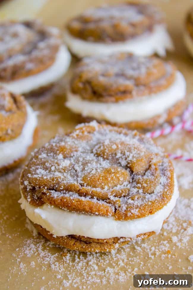 Warm Ginger Molasses Sandwich Cookies with Fluffy Buttercream 3 A close-up shot of a single perfectly baked ginger molasses cookie, rich brown with a crinkled, sugar-dusted surface, hinting at its soft, chewy texture.