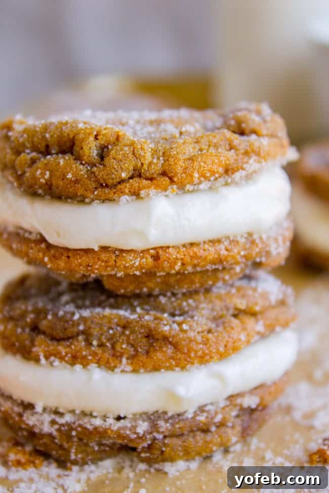 Warm Ginger Molasses Sandwich Cookies with Fluffy Buttercream 5 A neat stack of three Ginger Molasses Sandwich Cookies, showcasing the luscious vanilla buttercream filling nestled between the two soft, spiced cookies.