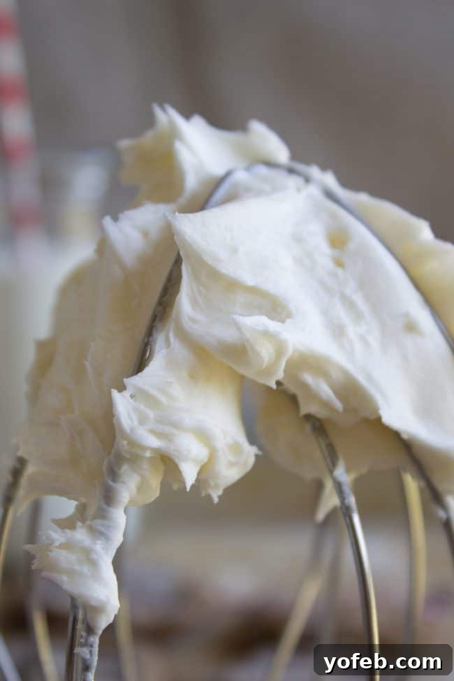 Warm Ginger Molasses Sandwich Cookies with Fluffy Buttercream 6 A close-up of a stand mixer paddle coated in rich, creamy vanilla buttercream, showcasing the smooth texture of the frosting.