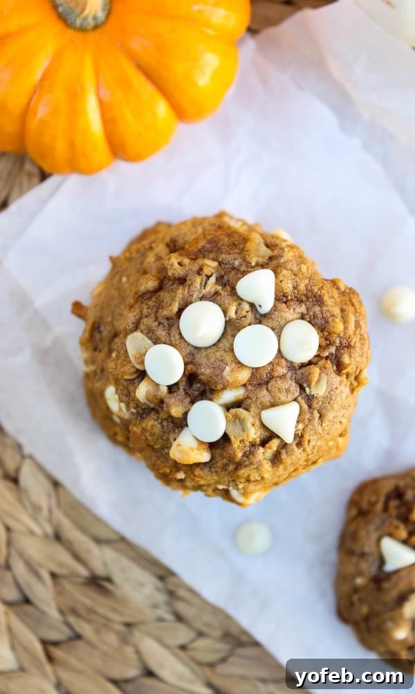 Cozy Pumpkin Oatmeal White Chocolate Chip Cookies 4 Stack of Pumpkin Oatmeal White Chocolate Chip Cookies with a bite taken out of the top one, revealing its soft interior and melted chocolate.