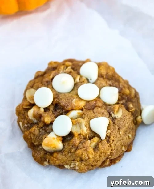 Cozy Pumpkin Oatmeal White Chocolate Chip Cookies 5 A bowl of pumpkin puree with a spoon, surrounded by various ingredients like white chocolate chips, oats, flour, and spices on a wooden surface.