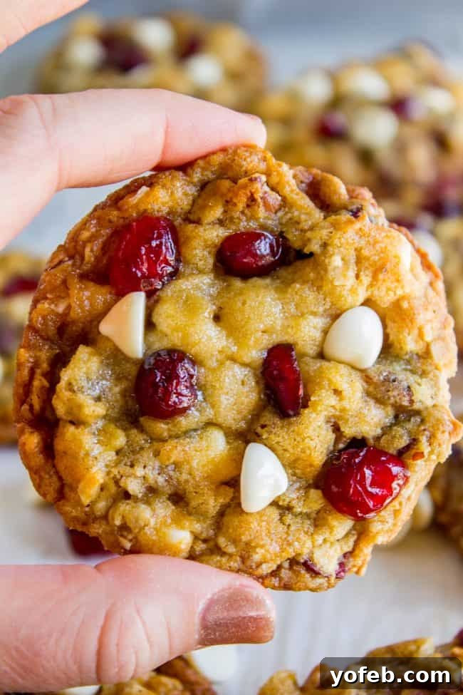 Irresistible White Chocolate Cranberry Cookies from The Food Charlatan: A perfect blend of sweet white chocolate and tart cranberries, enhanced with pecans, coconut, and oats. Thick, chewy, and crisp – holiday baking at its best! Delicious White Chocolate Cranberry Cookies with rich white chocolate and ruby red cranberries