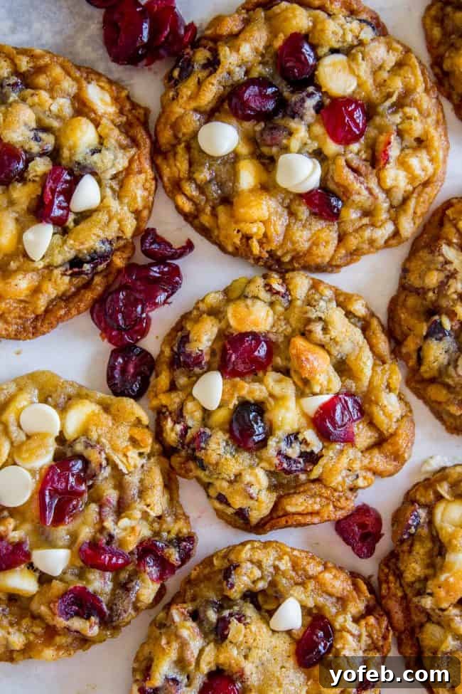 White Chocolate Cranberry Oatmeal Cookies: A holiday favorite with a chewy center, crisp edges, and delightful combination of white chocolate, cranberries, pecans, and coconut. Close-up of a White Chocolate Cranberry Oatmeal Cookie, showing its chewy texture and festive mix-ins