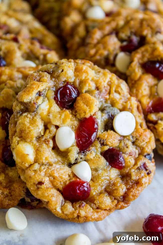 Oatmeal Cranberry White Chocolate Chip Cookies: A festive and flavorful cookie with a perfect blend of sweet, tart, and nutty goodness, ideal for holiday platters. Close-up of Oatmeal Cranberry White Chocolate Chip Cookies, showcasing their irresistible texture and holiday colors