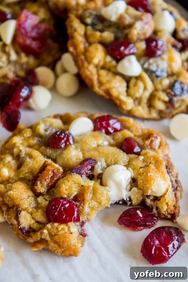 White Chocolate Cranberry Oatmeal Cookies: Stacked high and ready to be devoured, these cookies feature a rustic appeal with visible oats, nuts, white chocolate, and cranberries. A stack of White Chocolate Cranberry Oatmeal Cookies, showcasing their delightful appearance and readiness for enjoyment