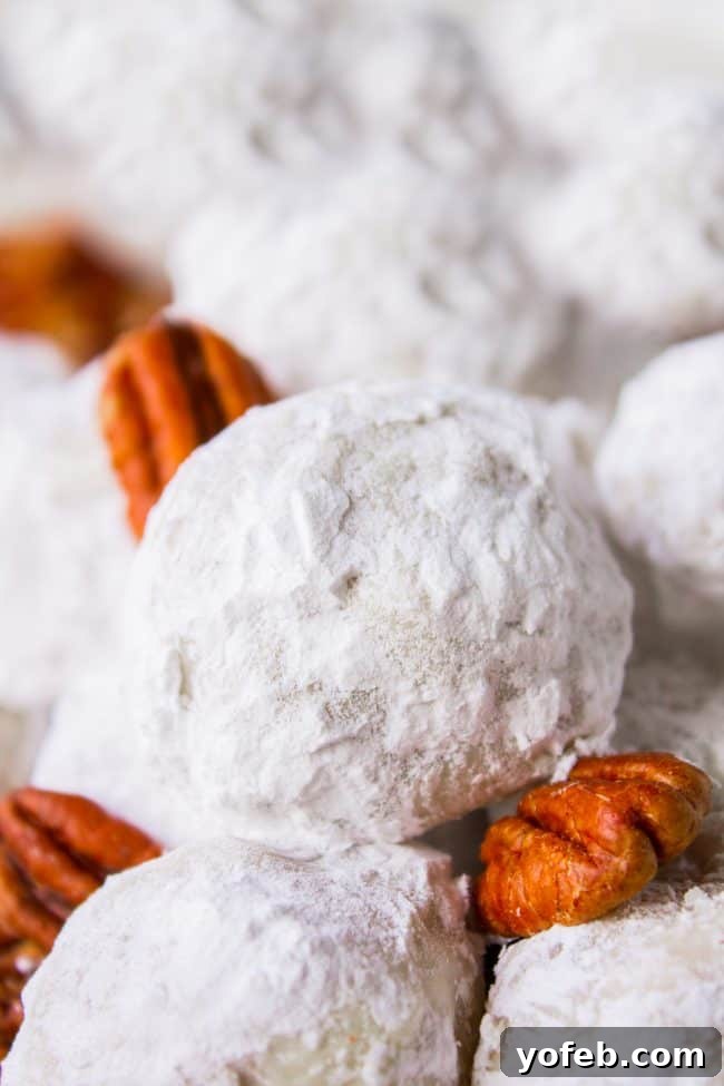 Fluffy Snowball Cookies (Mexican Wedding Cookies) perfect for Christmas or any festive occasion. Snowball cookies stacked high with whole pecans in the background, dusted heavily with powdered sugar.