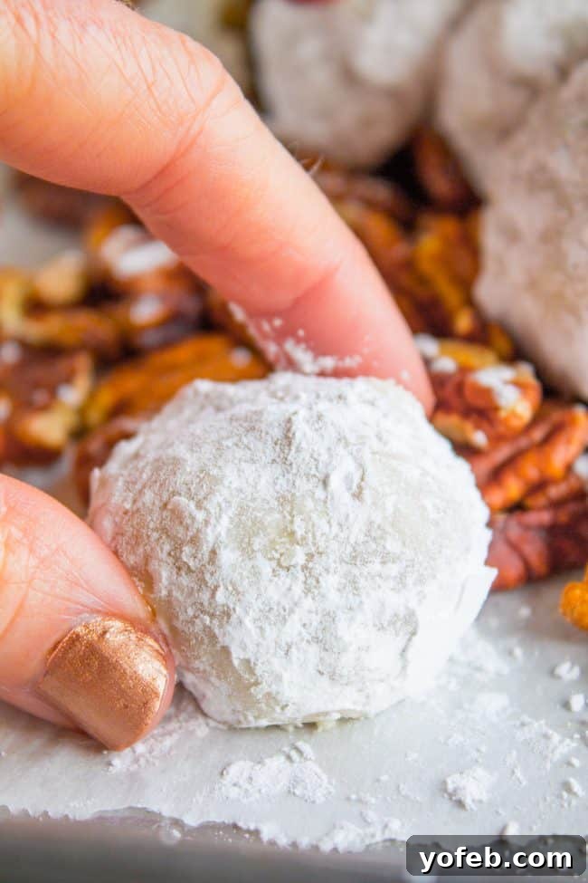 Irresistible Snowball Cookie (Russian Tea Cake) with pecans, a beloved holiday treat. Close up of a snowball cookie on a white background with blurred pecans behind it, showing its delicate texture.
