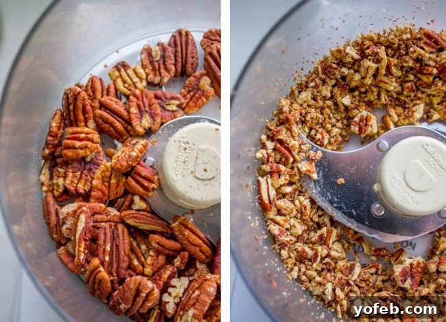 Preparing pecans for Mexican Wedding Cookies, chopped for perfect texture. Pecans in a food processor, before and after chopping, showing the ideal consistency for cookies.