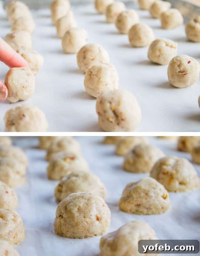 Stages of baking Russian Tea Cakes: dough balls before and after baking. Rolled Russian tea cake dough balls on a baking sheet, before and after baking, showing minimal spread.