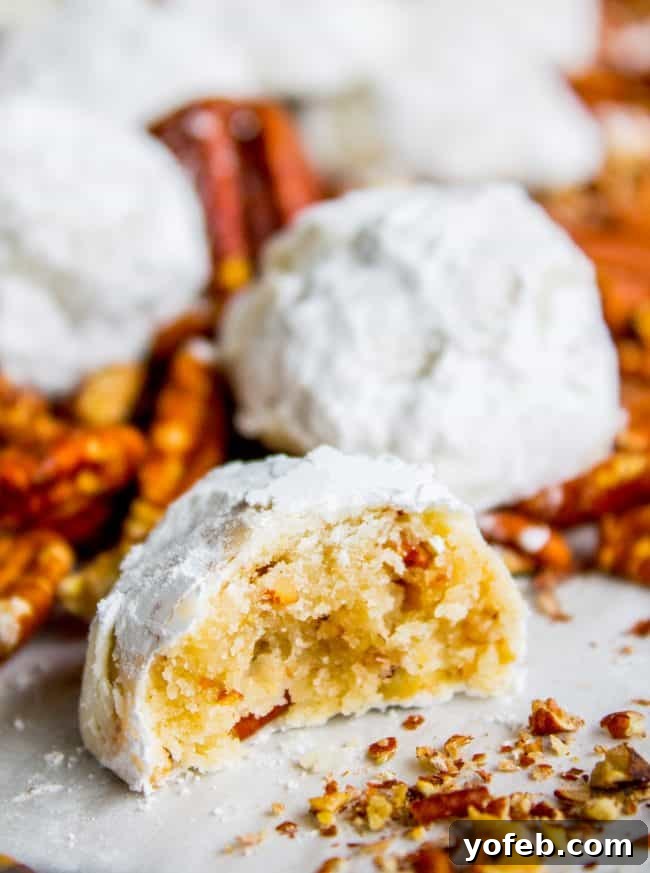Enjoying a Mexican Wedding Cookie: a bite taken out reveals the nutty, buttery interior. Mexican wedding cookies, one with a bite taken out, and pecans in the background, showcasing its delicious texture.