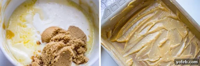 A bowl containing a mixture of cream, butter, and sugar, and the same mixture spread evenly inside a 13x9 inch baking pan.