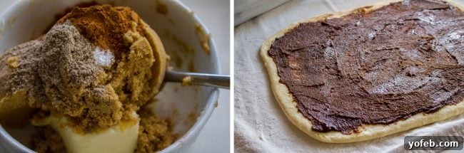 A bowl of cinnamon roll filling and the same filling spread evenly on a sheet of rolled-out cinnamon roll dough.