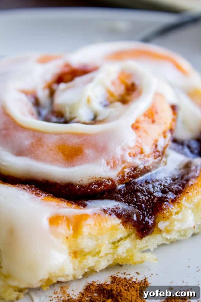 Two freshly baked homemade cinnamon rolls, richly frosted, waiting to be enjoyed. The perfect comforting treat.