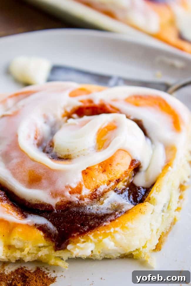 Close-up of a homemade cinnamon roll, showing the beautiful swirl of cinnamon filling and creamy white frosting on top.