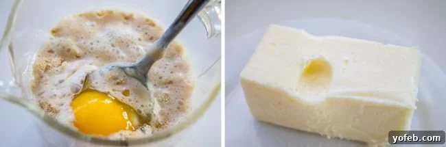 A measuring cup with egg and a spoon alongside softened butter, preparing ingredients for the brioche dough.