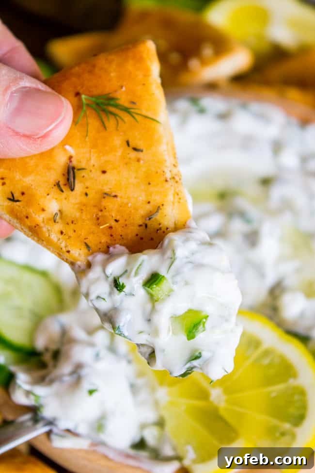 Refreshing Tzatziki with Warm Zaatar Pita Chips 2 A piece of toasted pita bread being dipped into a bowl of tzatziki sauce, with a soft blur in the background.