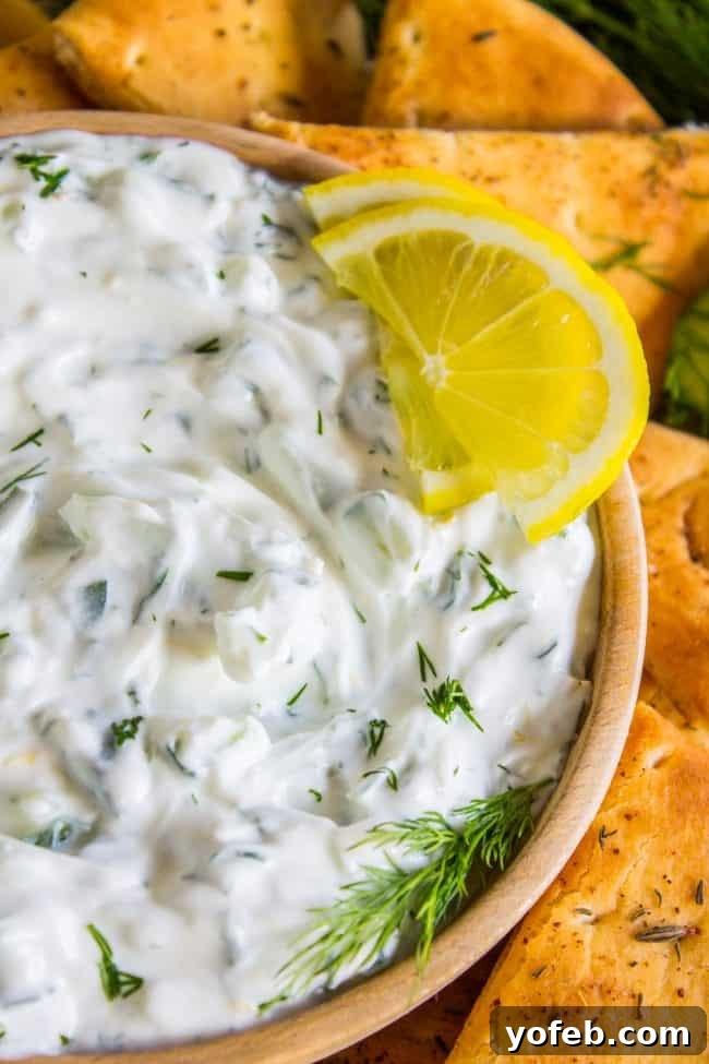 Tzatziki Sauce Recipe (with Toasted Za'atar Pita: Easy Appetizer!) from The Food Charlatan. Have you ever tried making a Greek Tzatziki sauce recipe? Creamy Greek yogurt is combined with cool cucumbers and spiced with garlic, dill, and lemon. It is simple, fresh, and healthy. I paired it with toasted pita bread to make an easy New Year's Eve appetizer! #Greek #tzatziki #sauce #cucumber #lemon #dill #garlic #recipe #uses #appetizer #oliveoil #dip #healthy #gyro #easy #rezept #greekyogurt #lunch A close-up of a bowl of tzatziki dip with a lemon wedge, fresh dill sprigs, and cucumber slices nearby, highlighting its fresh ingredients.
