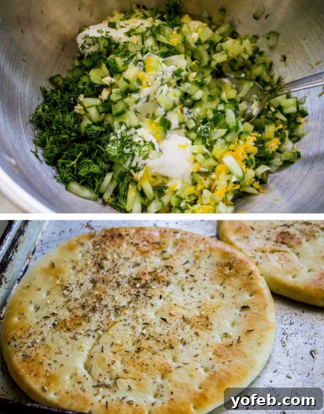 Refreshing Tzatziki with Warm Zaatar Pita Chips 6 An assortment of fresh ingredients for tzatziki sauce, including cucumbers, lemons, dill, and garlic, arranged around toasted pita bread triangles.