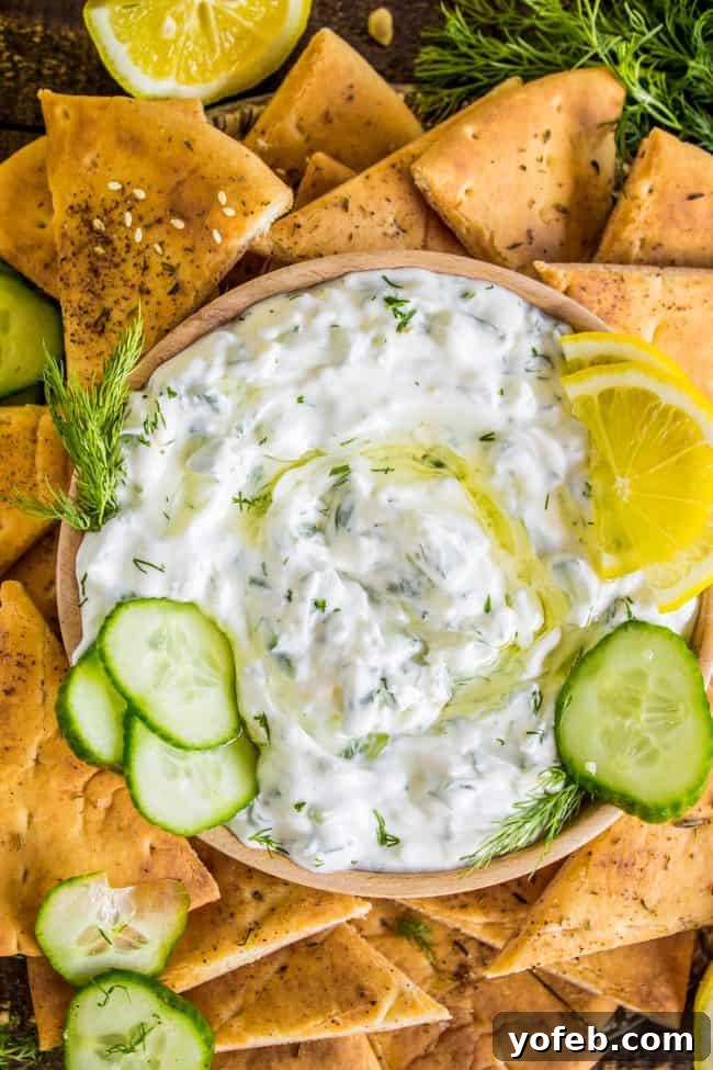 Tzatziki Sauce Recipe (with Toasted Za'atar Pita: Easy Appetizer!) from The Food Charlatan. Have you ever tried making a Greek Tzatziki sauce recipe? Creamy Greek yogurt is combined with cool cucumbers and spiced with garlic, dill, and lemon. It is simple, fresh, and healthy. I paired it with toasted pita bread to make an easy New Year's Eve appetizer! #Greek #tzatziki #sauce #cucumber #lemon #dill #garlic #recipe #uses #appetizer #oliveoil #dip #healthy #gyro #easy #rezept #greekyogurt #lunch A bowl of tzatziki sauce surrounded by golden toasted pita bread triangles, ready for dipping.