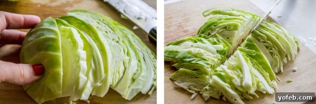 Achieve perfect angel hair cabbage with these slicing techniques. thinly slicing green cabbage on a wooden cutting board.