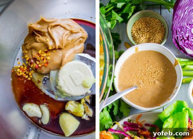 Creating the perfect Thai Peanut Sauce for your lettuce wraps. making peanut sauce in a food processor, peanut sauce in a bowl.