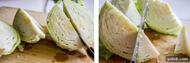 Step-by-step guide to coring cabbage for shredding. quartering green cabbage and removing the stem.