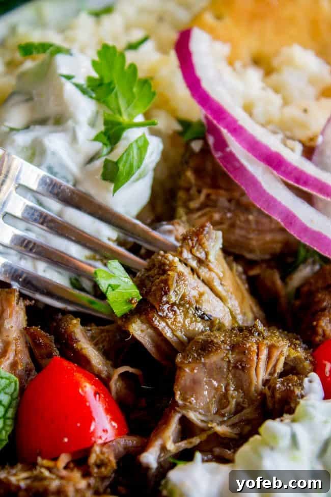 Delicious shredded Greek gyro beef with tzatziki and cauliflower rice. A close-up of a fork piercing tender Greek gyro beef, surrounded by creamy tzatziki sauce, cauliflower rice, and vibrant fresh vegetables and herbs.