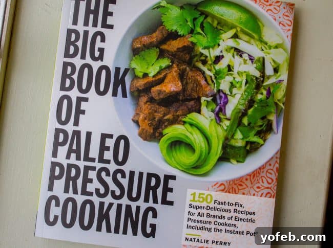 The Big Book of Paleo Pressure Cooking for healthy Instant Pot meals. The cover of 'The Big Book of Paleo Pressure Cooking' cookbook, featuring a vibrant dish.