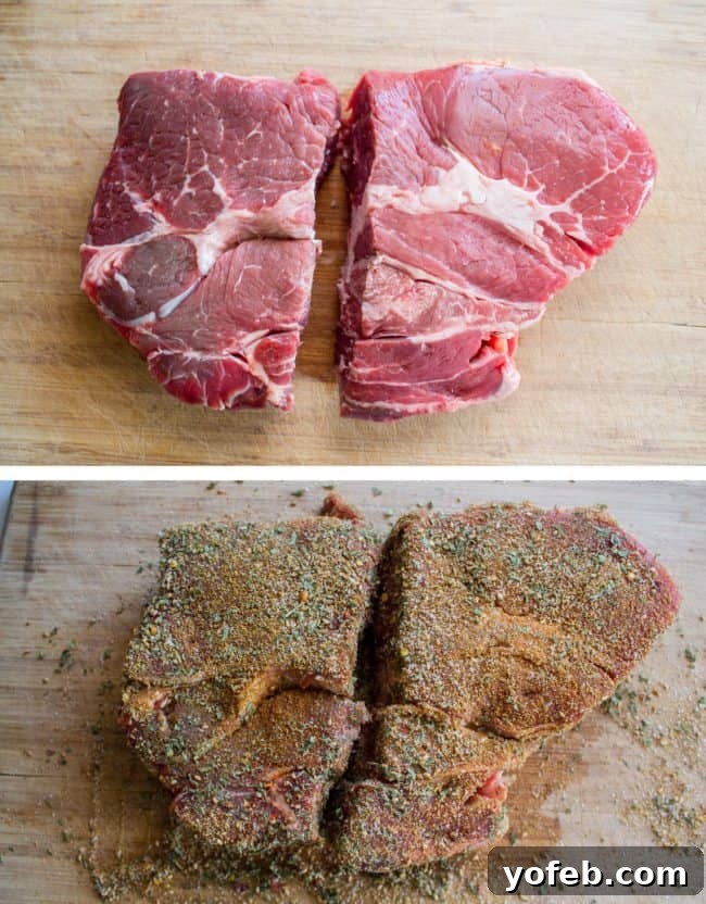 Preparation of Beef Roast: Seasoning for Shredded Gyros. A beef roast, split in half, shown first plain and then generously coated with a rich blend of spices on a wooden cutting board.