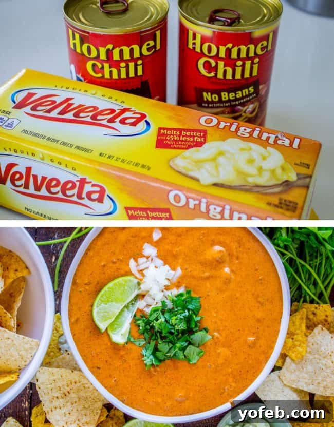 Copycat Chili's Queso Dip (Slow Cooker) Essential ingredients for Chili's copycat queso dip: canned no-bean chili and a block of Velveeta cheese, ready for preparation.