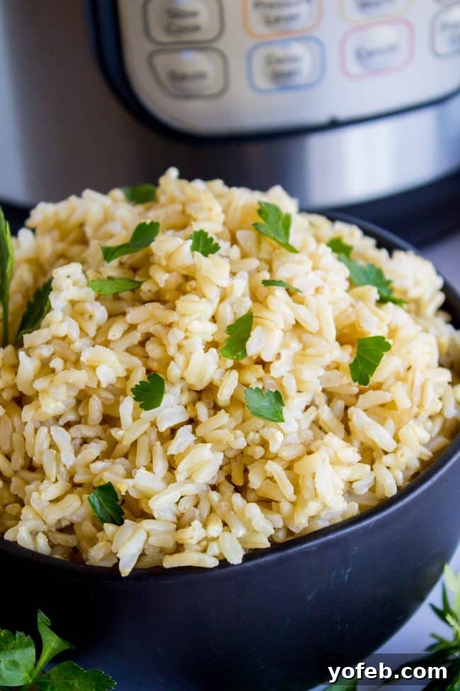 Cooked brown rice topped with fresh cilantro in a bowl, placed next to an Instant Pot, inviting a healthy meal.