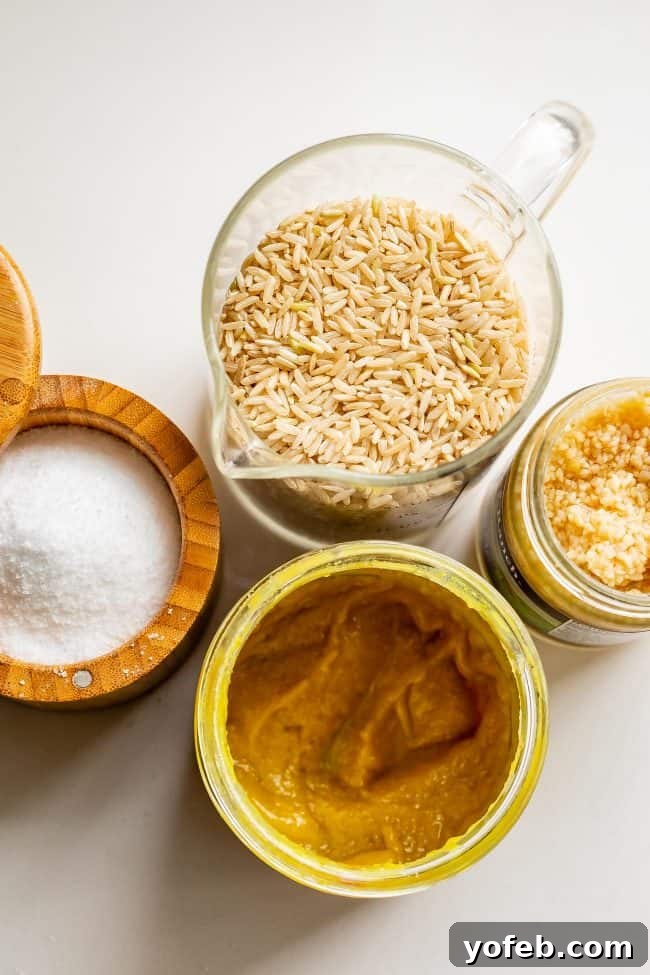 Uncooked brown rice in a measuring cup, surrounded by small dishes of minced garlic, kosher salt, and Better Than Bouillon chicken base, highlighting key flavor components.