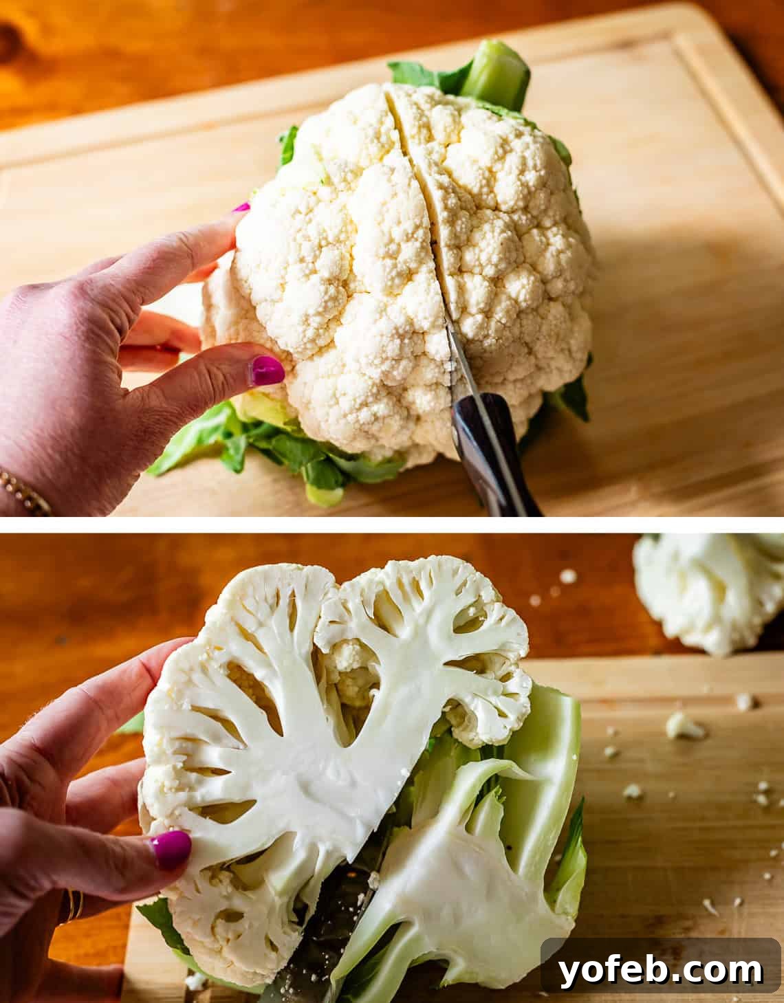 Perfectly Golden and Crispy Roasted Cauliflower 9 top: knife slicing cauliflower in half, bottom: knife cutting stem off a half.