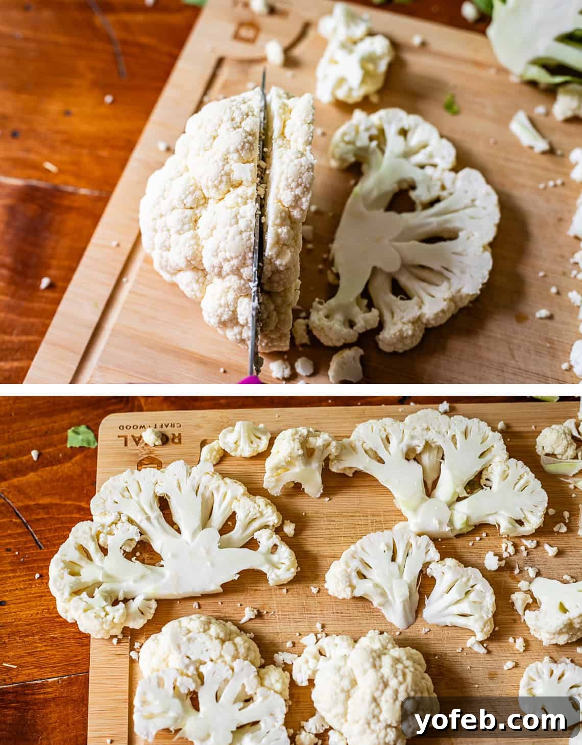 Perfectly Golden and Crispy Roasted Cauliflower 10 top: slicing cauliflower half into steak slices, bottom: steaks on cutting board.