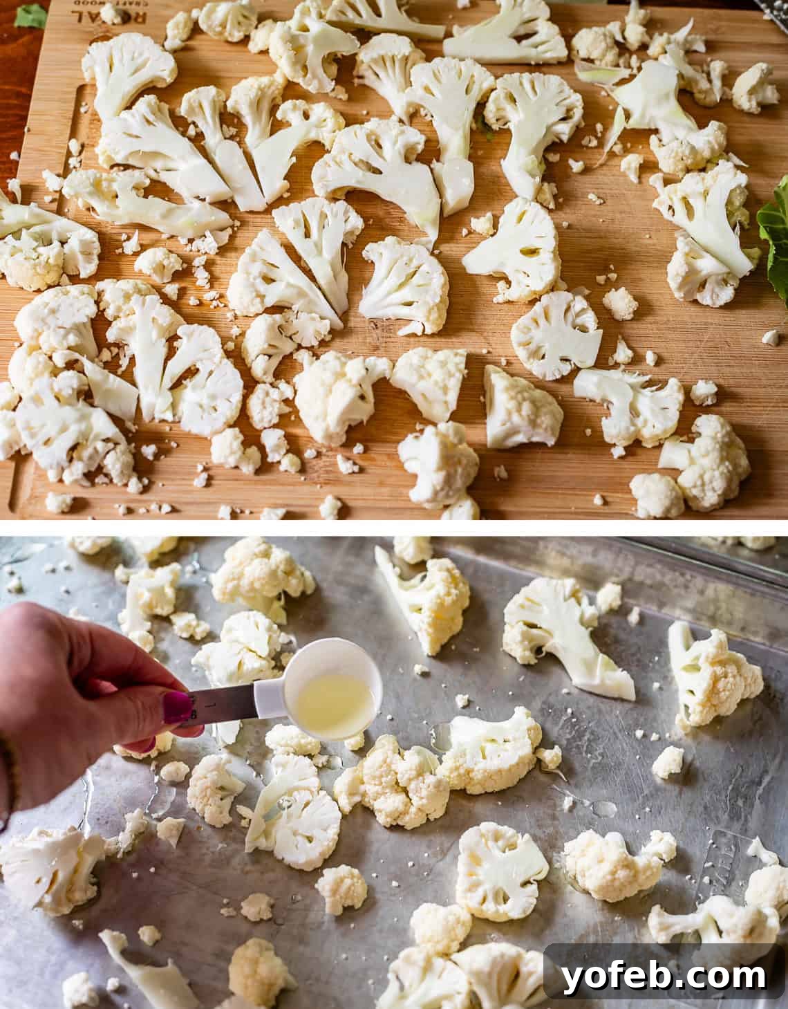 Perfectly Golden and Crispy Roasted Cauliflower 11 top: florets on cutting board, bottom: oil pouring from measuring spoon onto cauliflower.