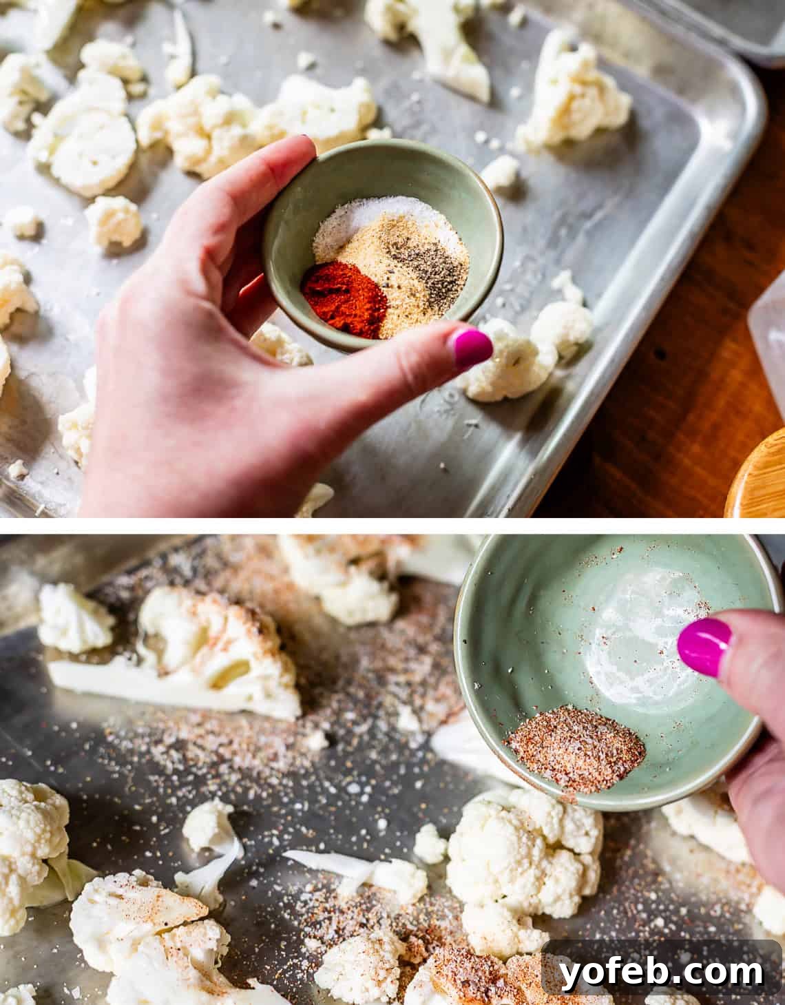 Perfectly Golden and Crispy Roasted Cauliflower 12 top: hand holding tiny bowl with spices, bottom: hand pouring spices from bowl.