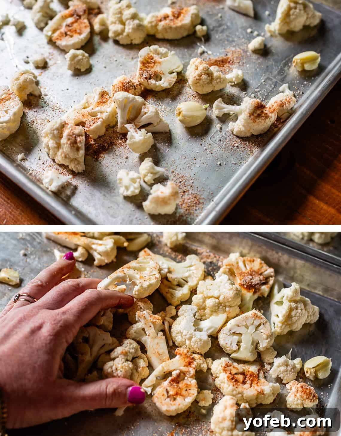 Perfectly Golden and Crispy Roasted Cauliflower 13 top: garlic added to sheet pan with cauliflower, bottom: hand mixing the cauliflower.