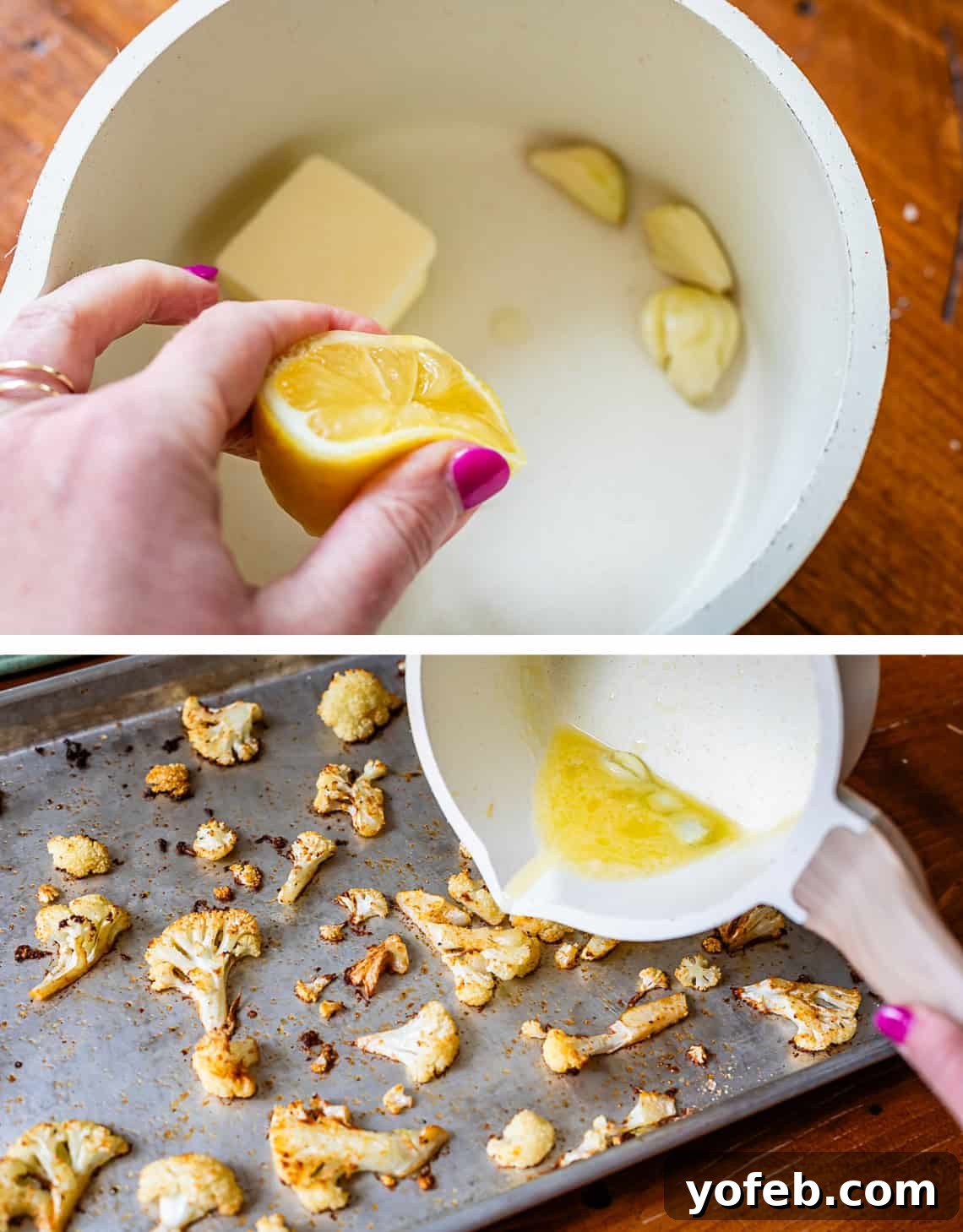 Perfectly Golden and Crispy Roasted Cauliflower 15 top: hand squeezing juice from lemon into bowl, bottom: pouring sauce over cauliflower.