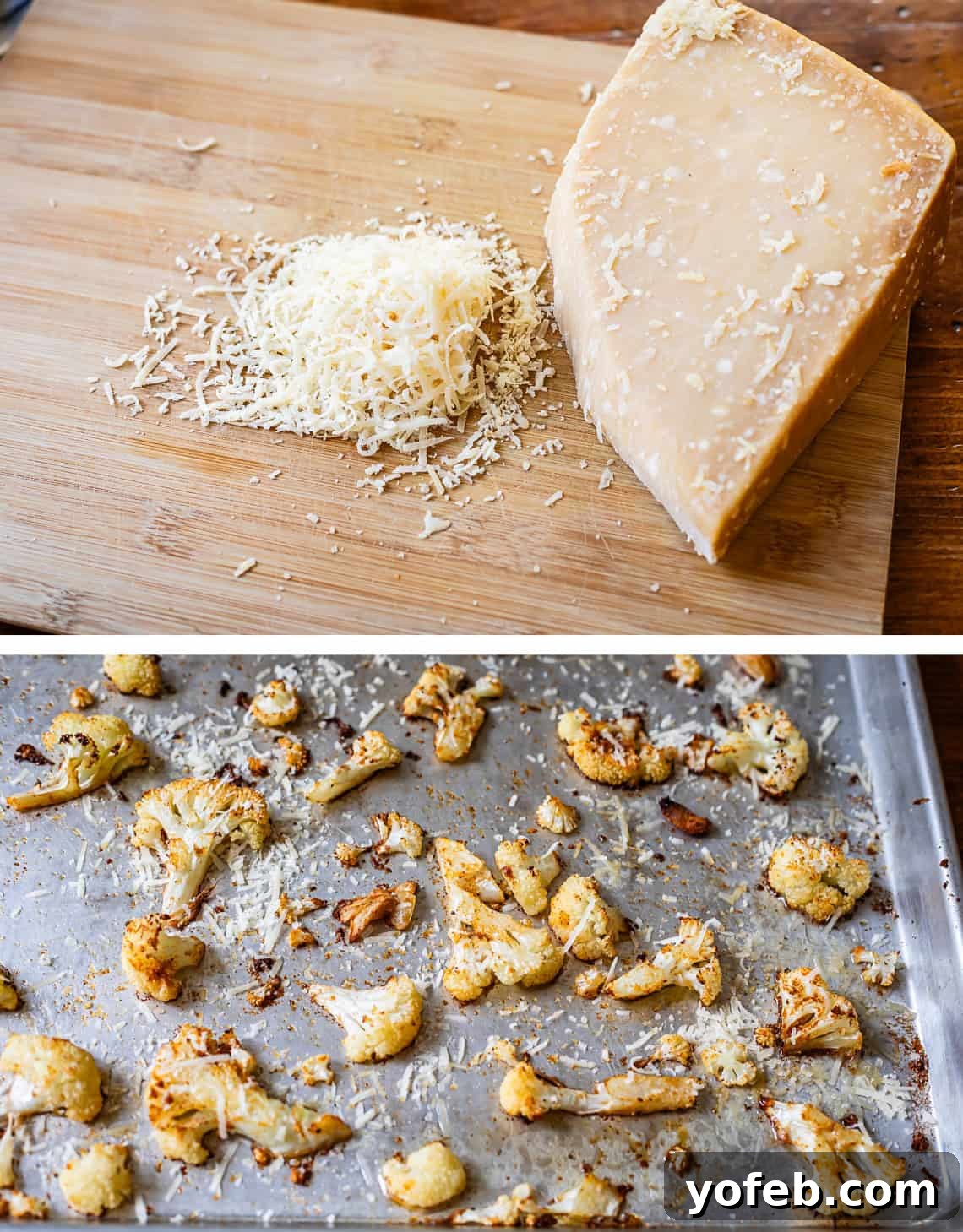 Perfectly Golden and Crispy Roasted Cauliflower 16 top: shredded parm from block on cutting board, bottom: cheese sprinkled over cauliflower.