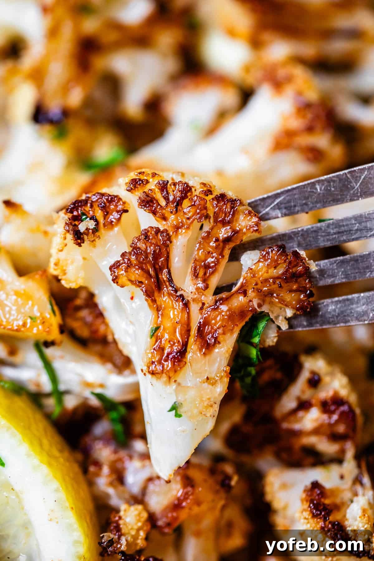 Perfectly Golden and Crispy Roasted Cauliflower 18 metal fork pushed through a roasted cauliflower floret, holding it up.