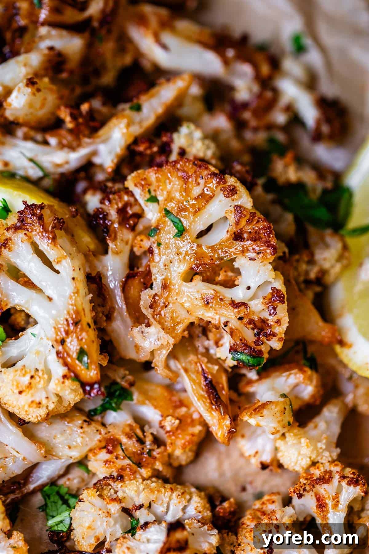Perfectly Golden and Crispy Roasted Cauliflower 5 heap of roasted cauliflower with parsley and lemon garnish on parchment.