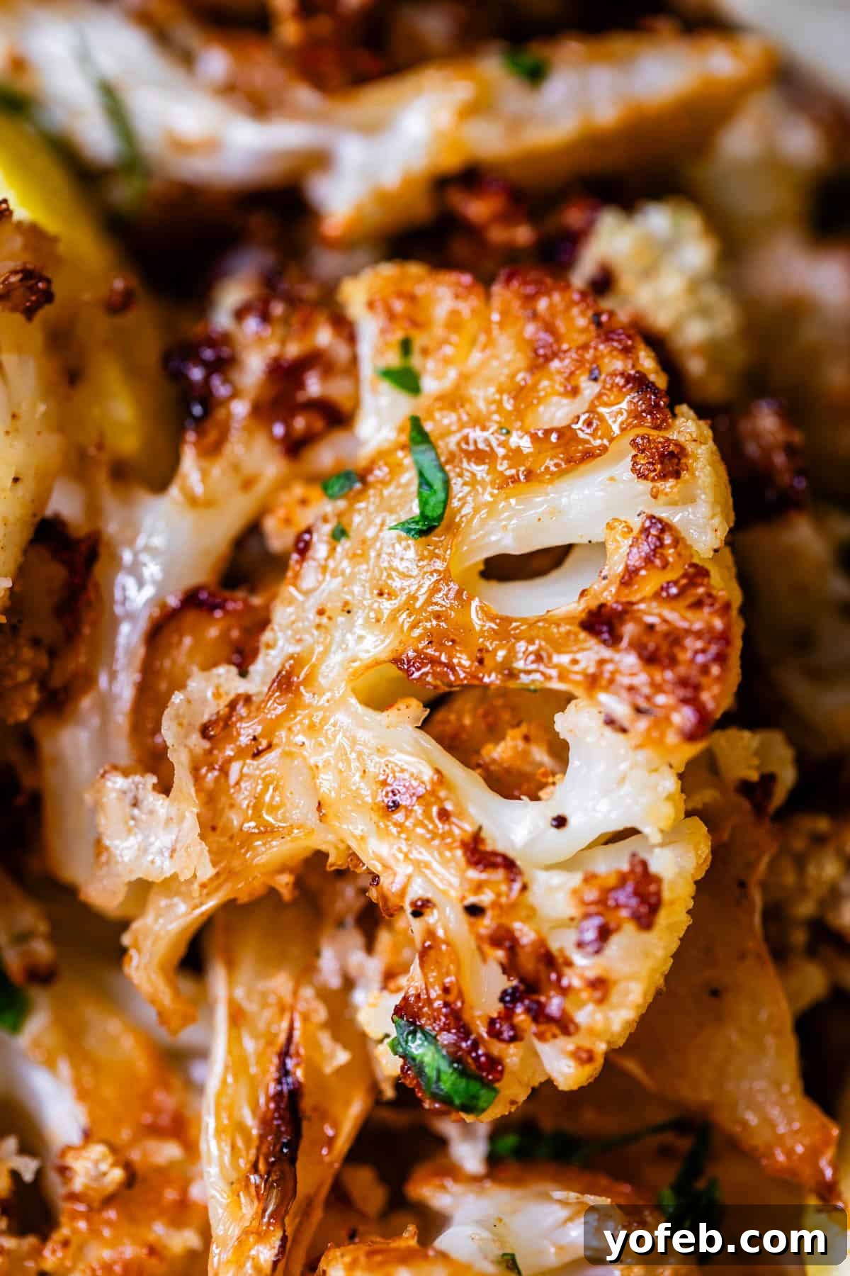 Perfectly Golden and Crispy Roasted Cauliflower 7 goldeny roasted cauliflower floret with crisp edges and parsley garnish.