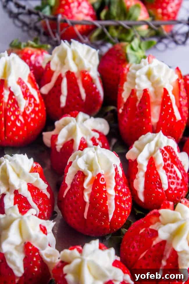 Platter of Cheesecake Stuffed Strawberries cream cheese stuffed strawberries on a white platter