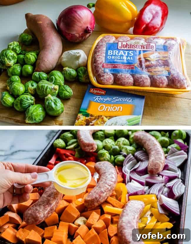 Uncooked Sheet Pan Dinner Sausage and Veggies A vibrant sheet pan dinner featuring sliced sausages, sweet potatoes, Brussels sprouts, and bell peppers before being seasoned and roasted.