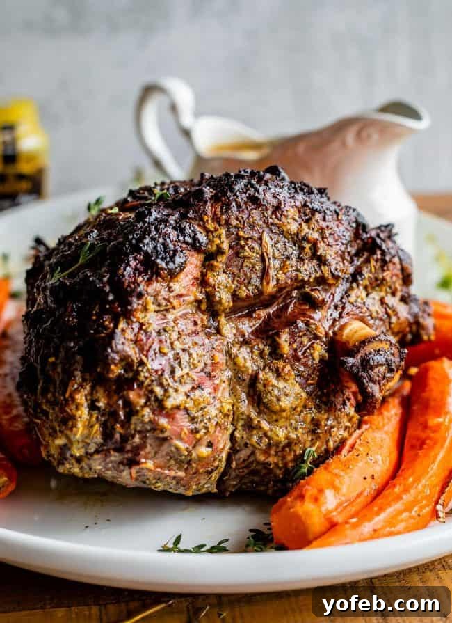 Easter Roast Lamb with Gravy and Carrots A magnificent roast leg of lamb on a serving platter, accompanied by roasted carrots, a savory gravy boat, and a bowl of honey Dijon mustard.